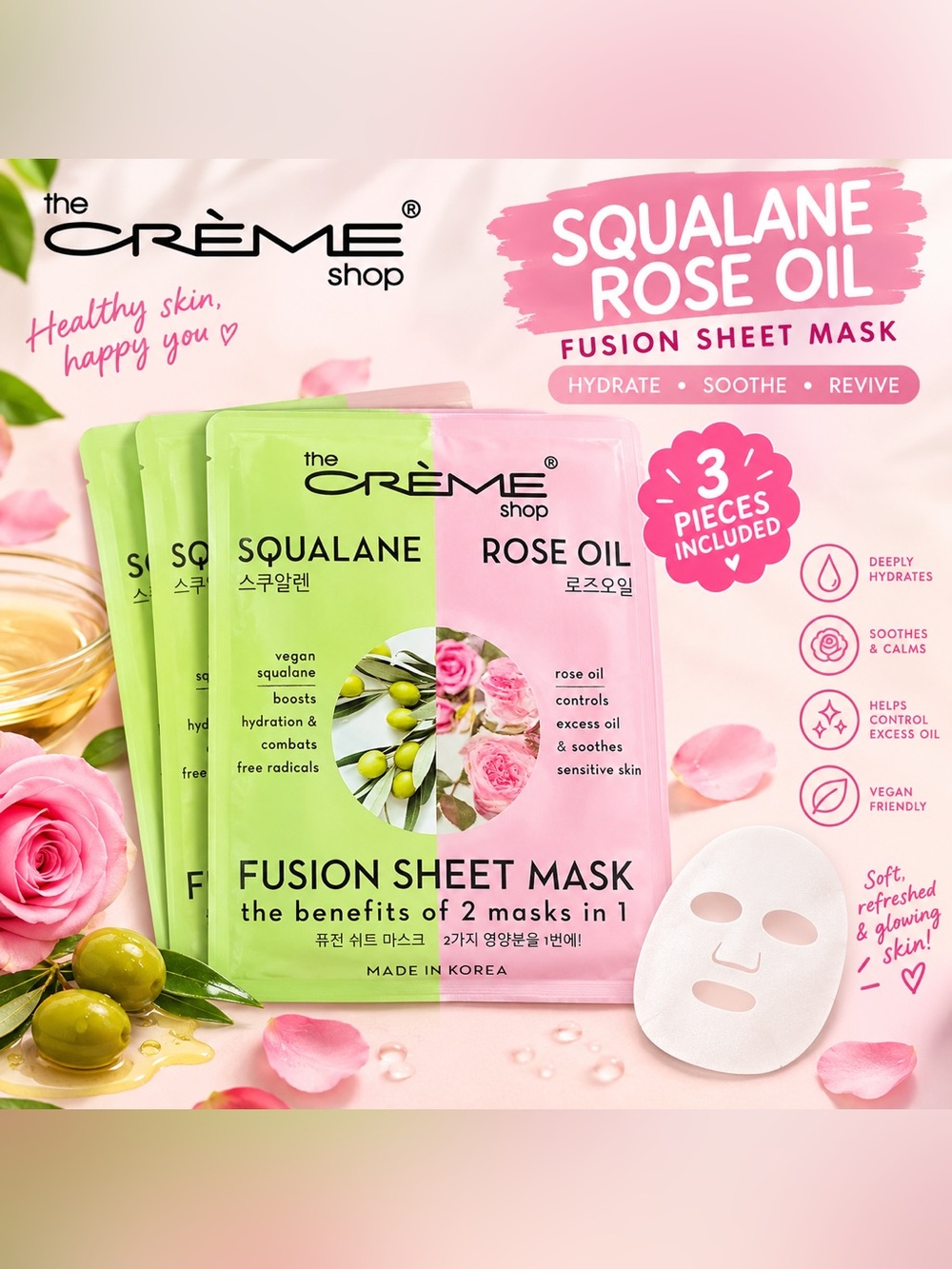 The Crème Shop Squalene + Rose Oil Fusion Sheet Mask - 3 Piece Set